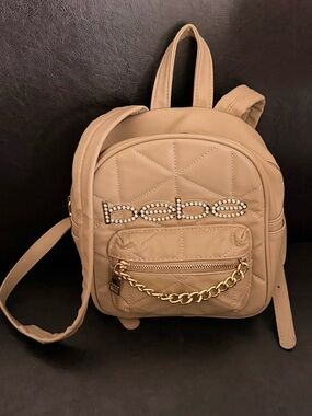bebe Quilted Mini Backpack in Taupe with Gold Accents